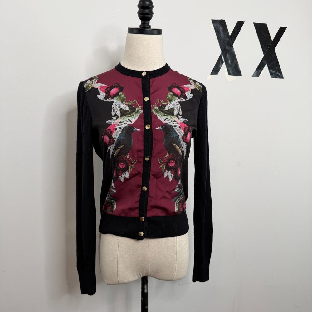 Ted Baker Burgundy Pink Floral Bird Gold Button Cropped Statement Cardigan 1
